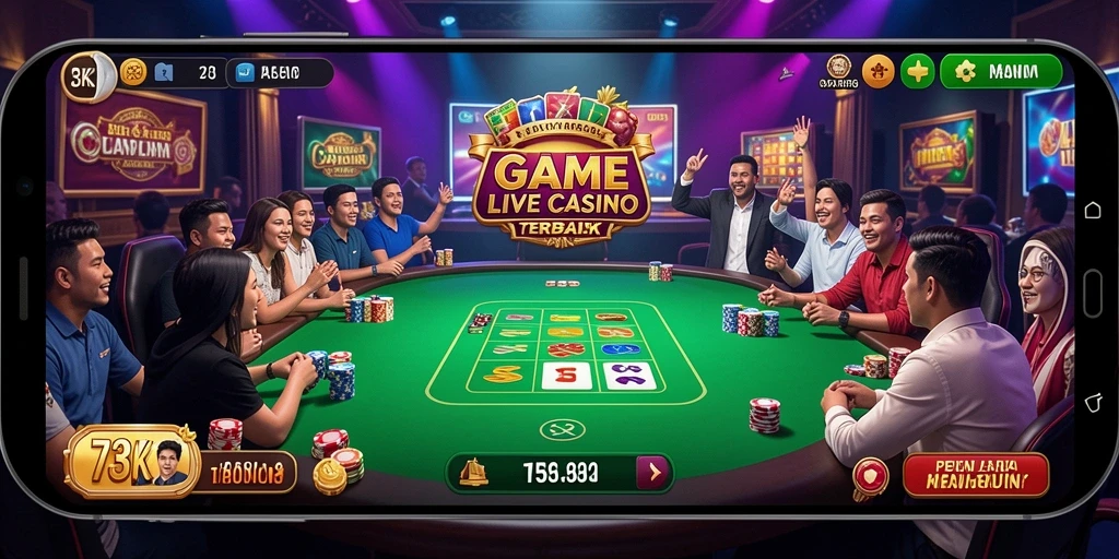 Tampilan screenshot 73K menampilkan dealer live dan permainan yang menarik.