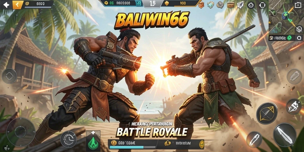 Screenshot BALIWIN66 memperlihatkan aksi pertempuran yang intens dalam mode Battle Royale.