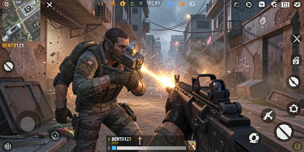 Gameplay BENTO123 yang intens dengan aksi tembak-menembak.