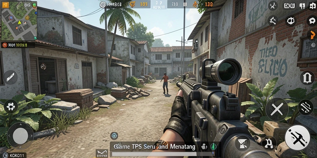 Screenshot gameplay KOKO11 menampilkan aksi tembak-menembak seru.