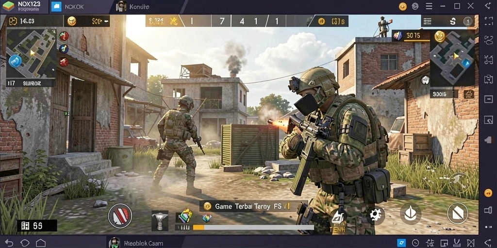Screenshot utama NOX123 dengan aksi gameplay FPS yang seru.